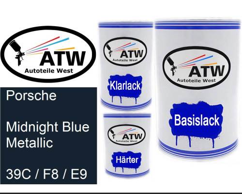 Porsche, Midnight Blue Metallic, 39C / F8 / E9: 500ml Lackdose + 500ml Klarlack + 250ml Härter - Set, von ATW Autoteile West.